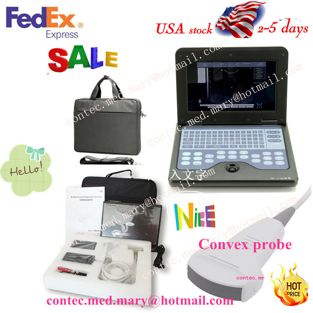 Portable laptop Machine Digital Ultrasound scanner,Convex probe 3.5MHZ US Seller 6945040100362 DIAGNOSTIC ULTRASOUND MACHINES FOR SALE